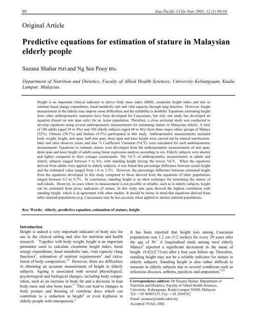 Predictive Equations For Estimation Of Stature In Malaysian