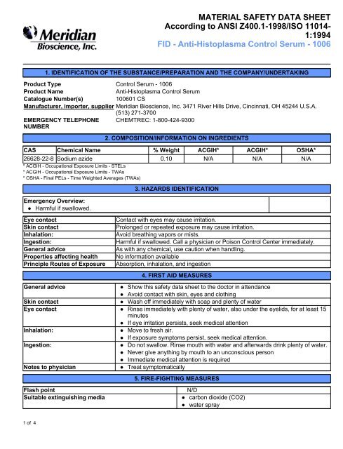 MSDS: Anti-Histoplasma ID CS (ANSI) - Meridian Bioscience, Inc.