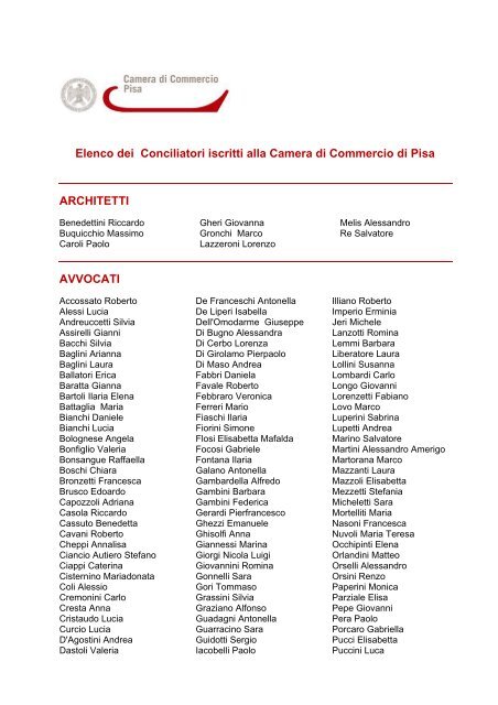 Elenco dei Conciliatori iscritti alla Camera di Commercio di Pisa ...