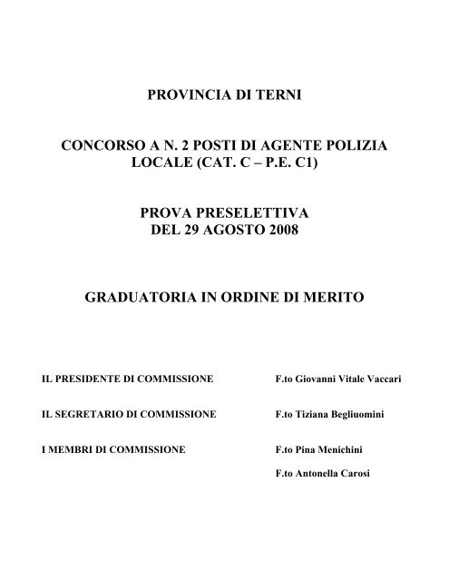 concorso a n. 2 posti di agente polizia locale - Provincia di Terni