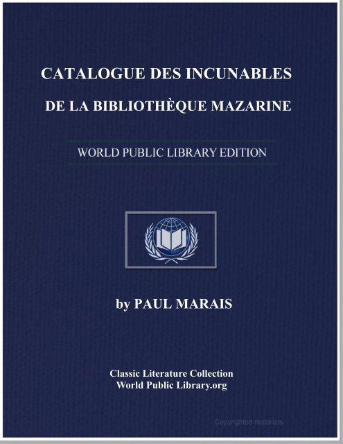 CATALOGUE DES INCUNABLES DE LA BIBLIOTHÈQUE MAZARINE