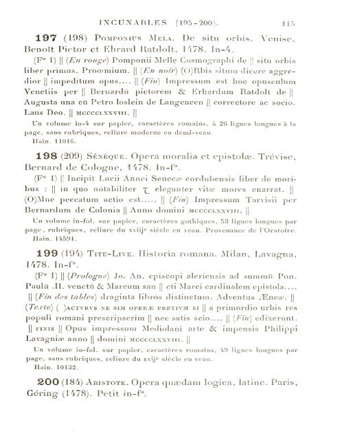 CATALOGUE DES INCUNABLES DE LA BIBLIOTHÈQUE MAZARINE