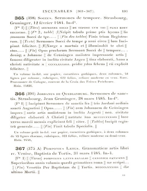 CATALOGUE DES INCUNABLES DE LA BIBLIOTHÈQUE MAZARINE