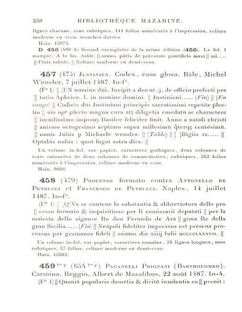 CATALOGUE DES INCUNABLES DE LA BIBLIOTHÈQUE MAZARINE