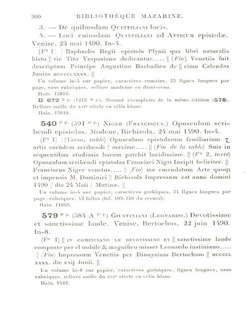 CATALOGUE DES INCUNABLES DE LA BIBLIOTHÈQUE MAZARINE