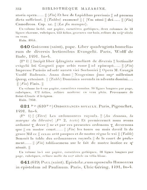 CATALOGUE DES INCUNABLES DE LA BIBLIOTHÈQUE MAZARINE