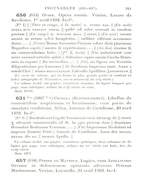 CATALOGUE DES INCUNABLES DE LA BIBLIOTHÈQUE MAZARINE