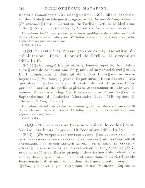 CATALOGUE DES INCUNABLES DE LA BIBLIOTHÈQUE MAZARINE