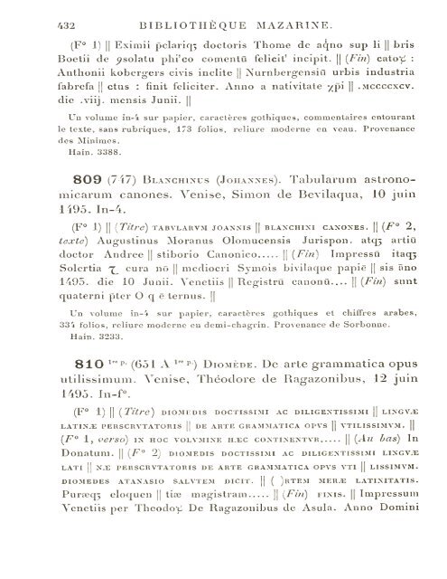 CATALOGUE DES INCUNABLES DE LA BIBLIOTHÈQUE MAZARINE