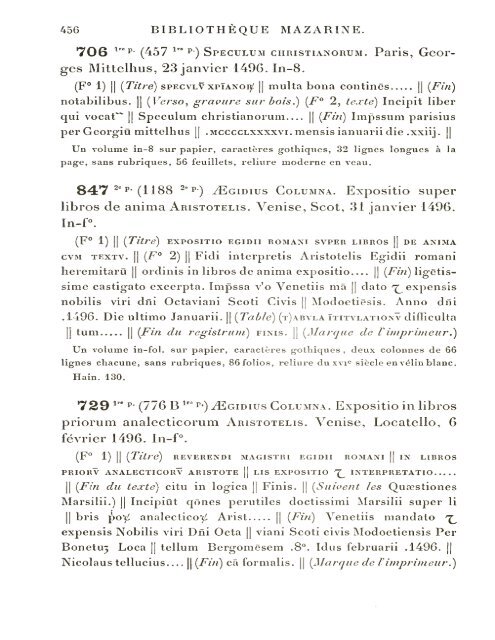 CATALOGUE DES INCUNABLES DE LA BIBLIOTHÈQUE MAZARINE