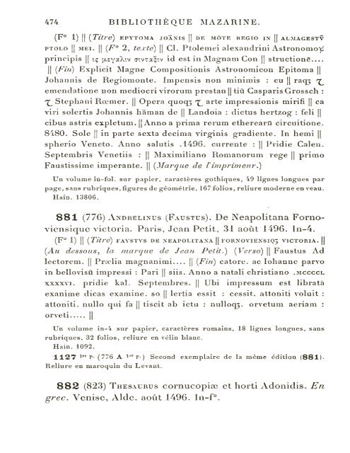 CATALOGUE DES INCUNABLES DE LA BIBLIOTHÈQUE MAZARINE