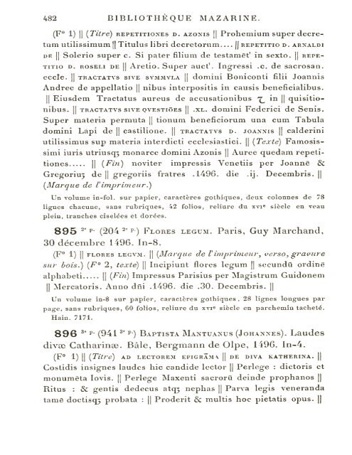 CATALOGUE DES INCUNABLES DE LA BIBLIOTHÈQUE MAZARINE