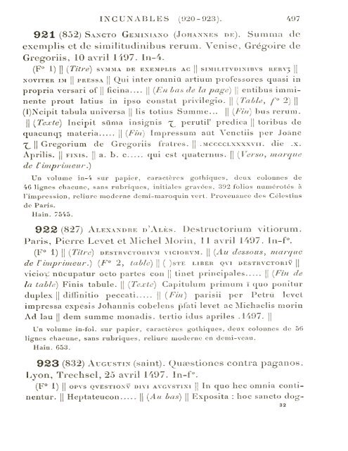 CATALOGUE DES INCUNABLES DE LA BIBLIOTHÈQUE MAZARINE