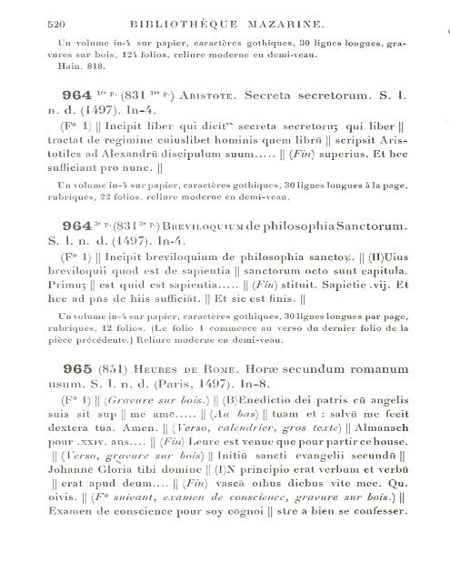 CATALOGUE DES INCUNABLES DE LA BIBLIOTHÈQUE MAZARINE