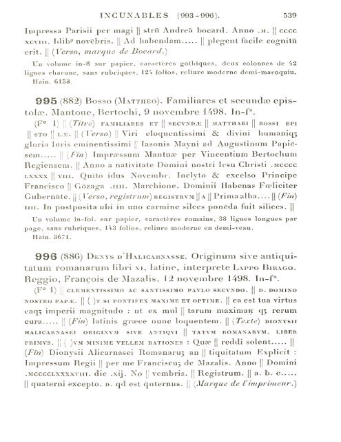 CATALOGUE DES INCUNABLES DE LA BIBLIOTHÈQUE MAZARINE