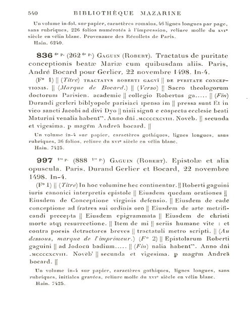 CATALOGUE DES INCUNABLES DE LA BIBLIOTHÈQUE MAZARINE