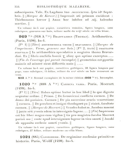 CATALOGUE DES INCUNABLES DE LA BIBLIOTHÈQUE MAZARINE