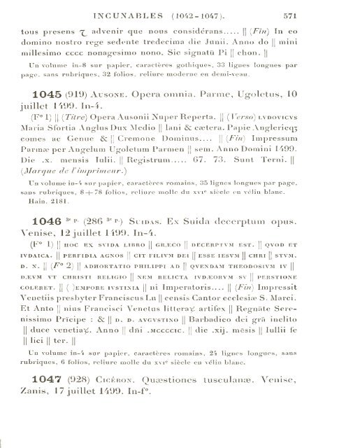 CATALOGUE DES INCUNABLES DE LA BIBLIOTHÈQUE MAZARINE