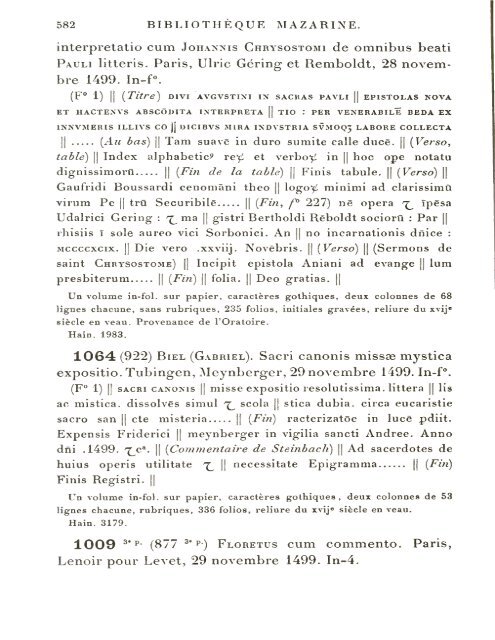 CATALOGUE DES INCUNABLES DE LA BIBLIOTHÈQUE MAZARINE