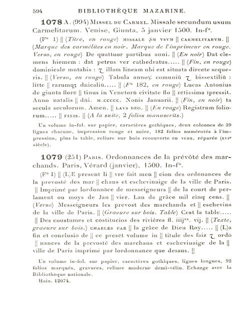 CATALOGUE DES INCUNABLES DE LA BIBLIOTHÈQUE MAZARINE