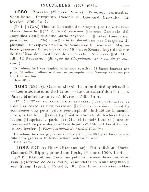 CATALOGUE DES INCUNABLES DE LA BIBLIOTHÈQUE MAZARINE