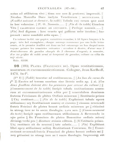 CATALOGUE DES INCUNABLES DE LA BIBLIOTHÈQUE MAZARINE