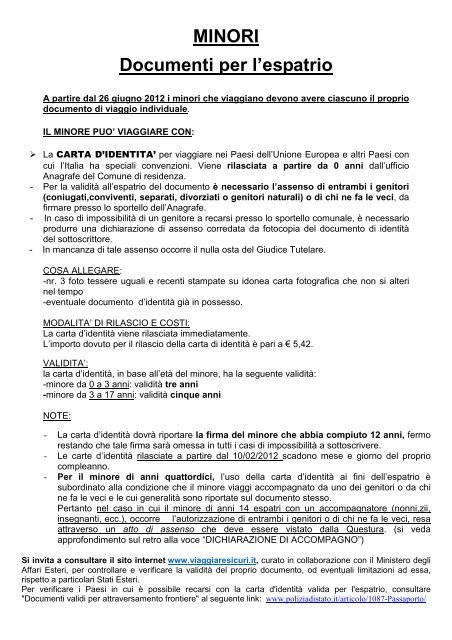 Minori Documenti Per Lespatrio Comune Di Povegliano Veronese