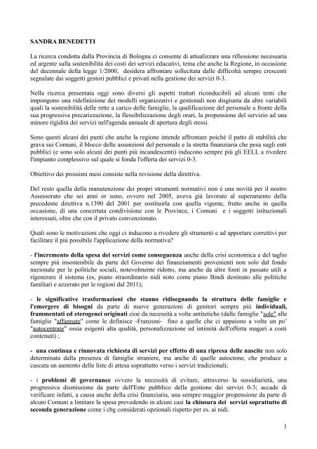Intervento di Sandra Benedetti, Regione Emilia Romagna