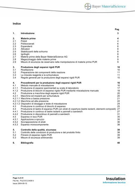 Insulation Produzione dell'espanso rigido poliuretanico (PUR)