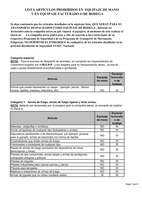 artículos prohibidos en equipaje de mano - Aeropuerto de Carrasco