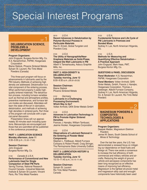 PowderMet2012 Special Interest Programs - MPIF