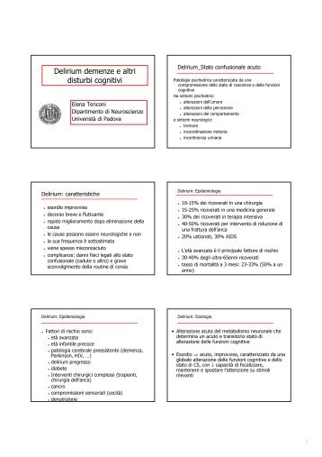Delirium demenze e altri disturbi cognitivi - Scienze della Formazione