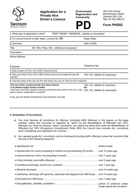 Private Hire Drivers Licence Application - Swindon Borough Council