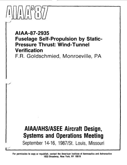 Fuselage self-propulsion by static-pressure thrust - CAFE Foundation