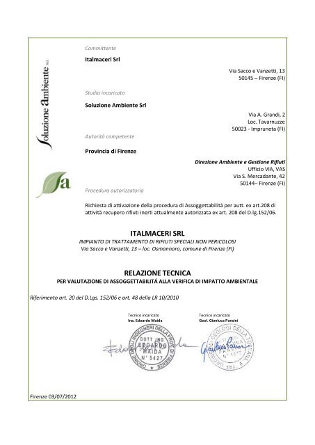 ITALMACERI SRL RELAZIONE TECNICA - Provincia di Firenze