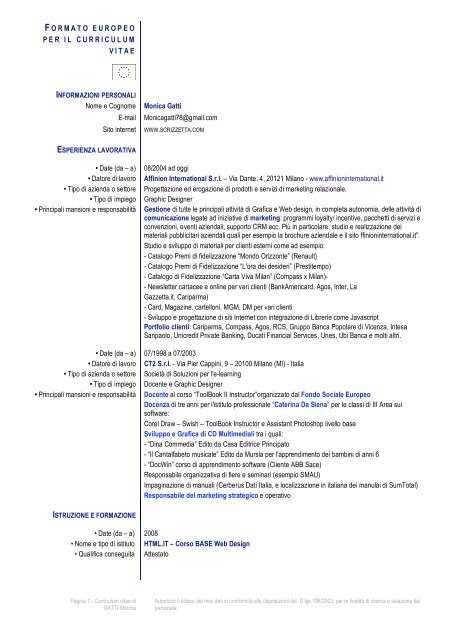 SCARICARE CURRICULUM VITAE ET STUDIORUM FORMATO EUROPEO
