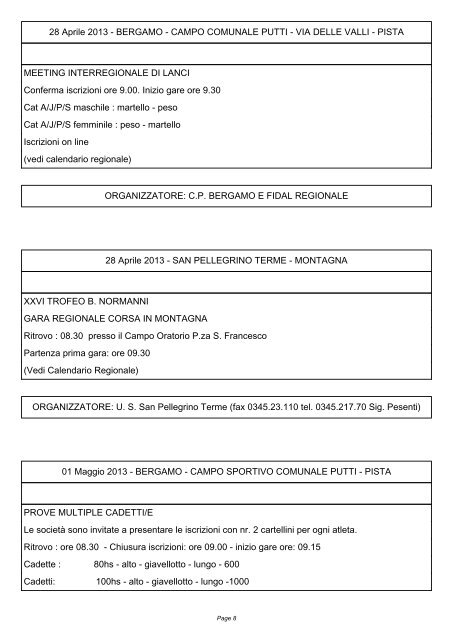 FIDAL Bergamo Calendario Estivo - Atletica Paratico