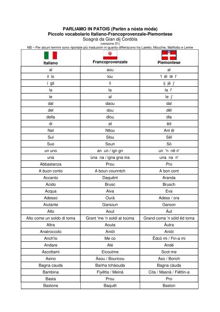 Piccolo vocabolario Italiano-Francoprovenzale-Piemontese