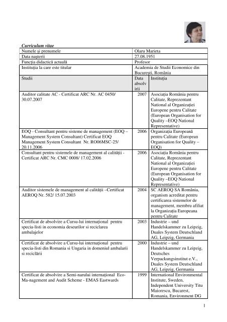 CV - Institutul de Studii Doctorale - Academia de Studii Economice