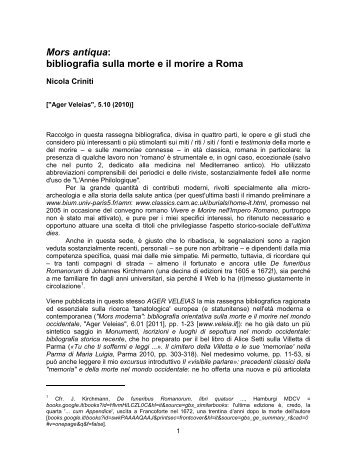 Mors antiqua: bibliografia sulla morte e il morire a Roma - ager veleias