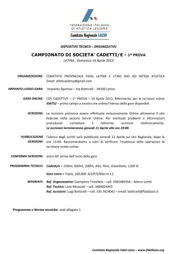 CAMPIONATO DI SOCIETA' CADETTI/E - 1^ PROVA - Fidal Lazio