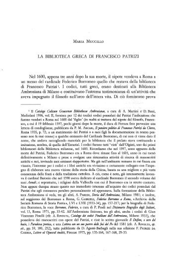 LA BIBLIOTECA GRECA DI FRANCESCO PATRIZI Nel 1600 ...