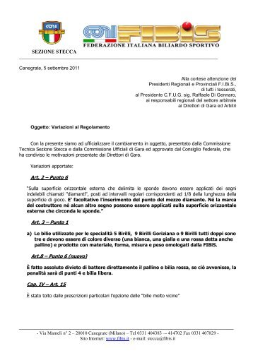 CIRCOLARE Variazione Regolamento di gioco - FIBIS Campania