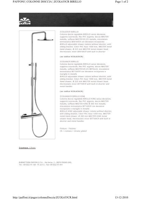 Page 1 of 2 PAFFONI | COLONNE DOCCIA | ZCOL635CR BIRILLO ...