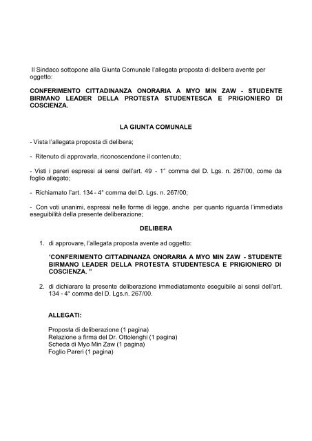 Delibera di giunta per il conferimento della cittadinanza onoraria