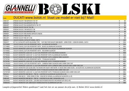 Prijslijst Giannelli uitlaten voor Ducati - Bolski