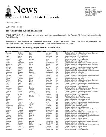 SDSU's Summer 2012 Grad List - South Dakota State University