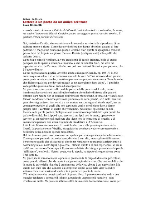 Lettera a un poeta da un amico scrittore Avrebbe amato chiunque è ...