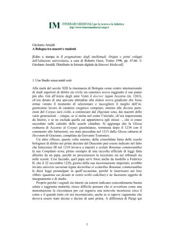 1 Girolamo Arnaldi A Bologna tra maestri e ... - Itinerari Medievali