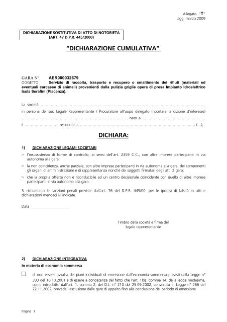 DICHIARAZIONE CUMULATIVA”. DICHIARA: - Enel